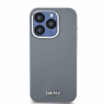 DKNY Liquid Silicone Silver Metal Logo MagSafe Case for iPhone 15 Pro Grey