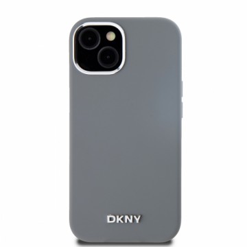 DKNY Liquid Silicone Silver Metal Logo MagSafe Case for iPhone 15 Grey