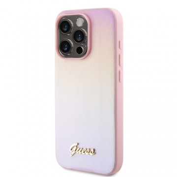 Guess PU Leather Iridescent Metal Script Case for iPhone 15 Pro Pink