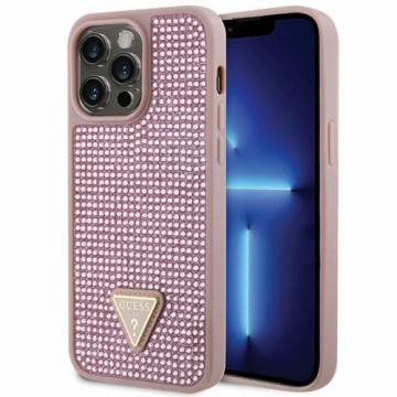Guess Rhinestones Triangle Metal Logo Case for iPhone 14 Pro Max Pink