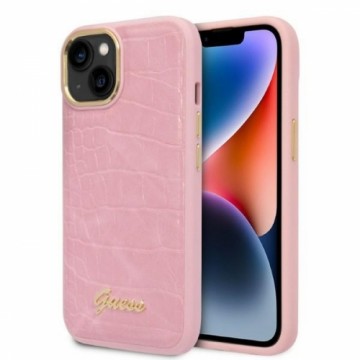 Guess PU Croco with Metal Camera Outline Case for iPhone 14 Plus Pink