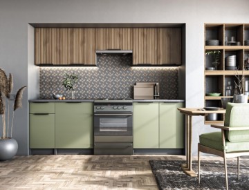 Halmar KSENIA 240 kitchen set, color: front - light walnut / pistachio, body – antracite, worktop – grey